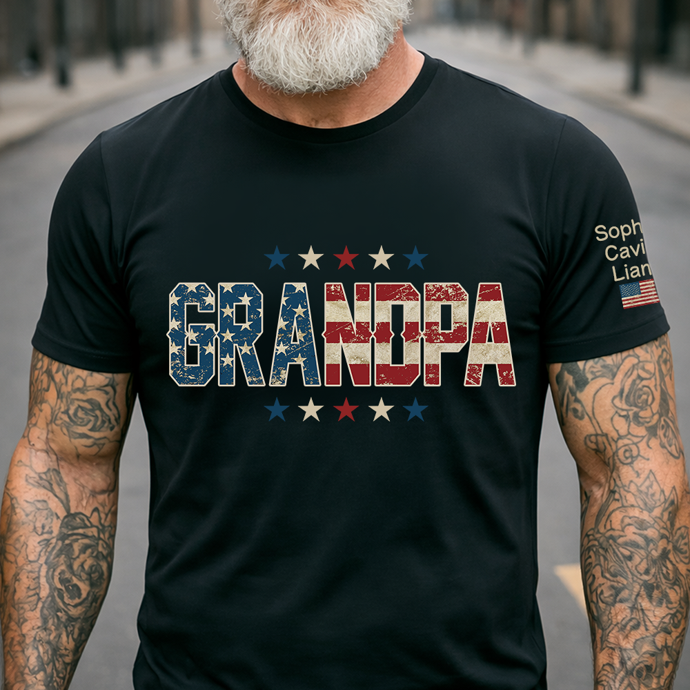 Grandpa Patriotic Shirt, Personalized Grandpa T-Shirt with American Flag Design and Custom Names