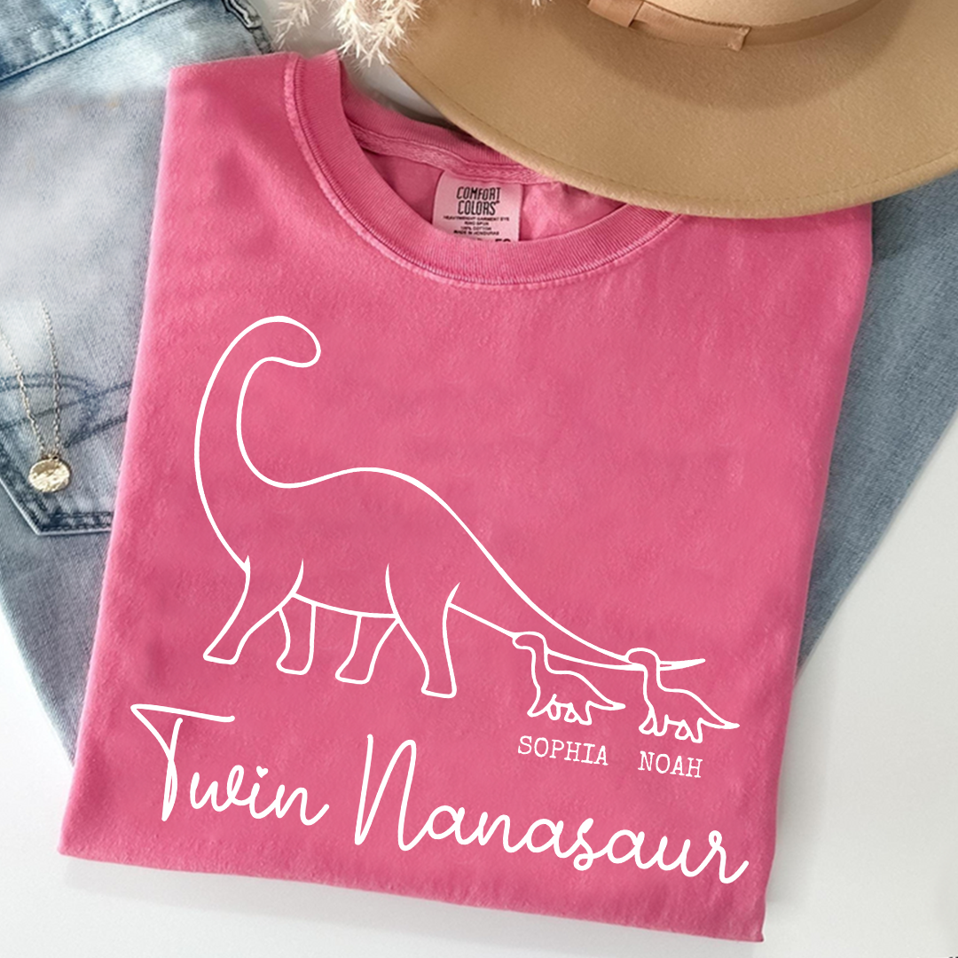 Comfort Colors® Twin Nanasaur Shirt, Personalized Dinosaur Grandma Tee, Custom Grandkids Names T Shirt, Fun Dino Grandma Gift