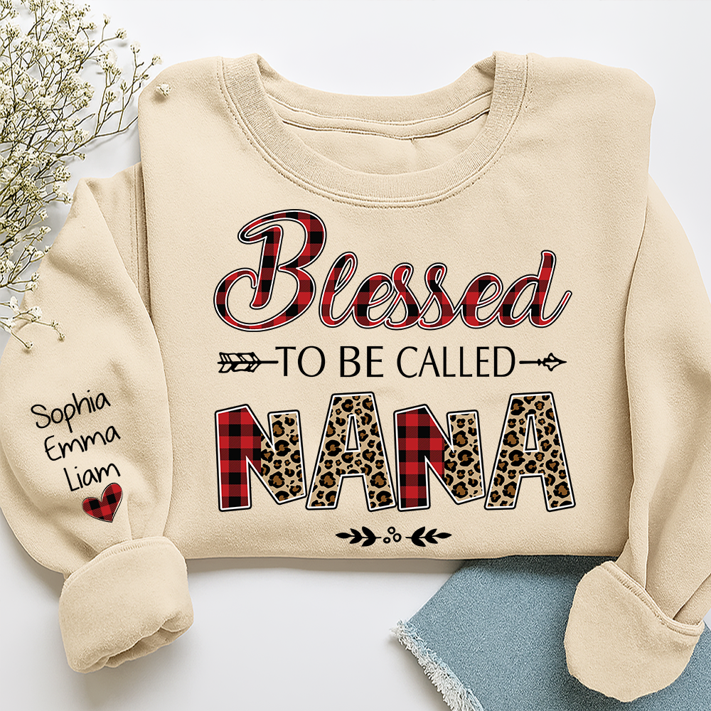 Personalized Blessed To Be Called Nana Sweatshirt With Grandkids Names, Custom Grandma Gift, Leopard Plaid Nana Crewneck