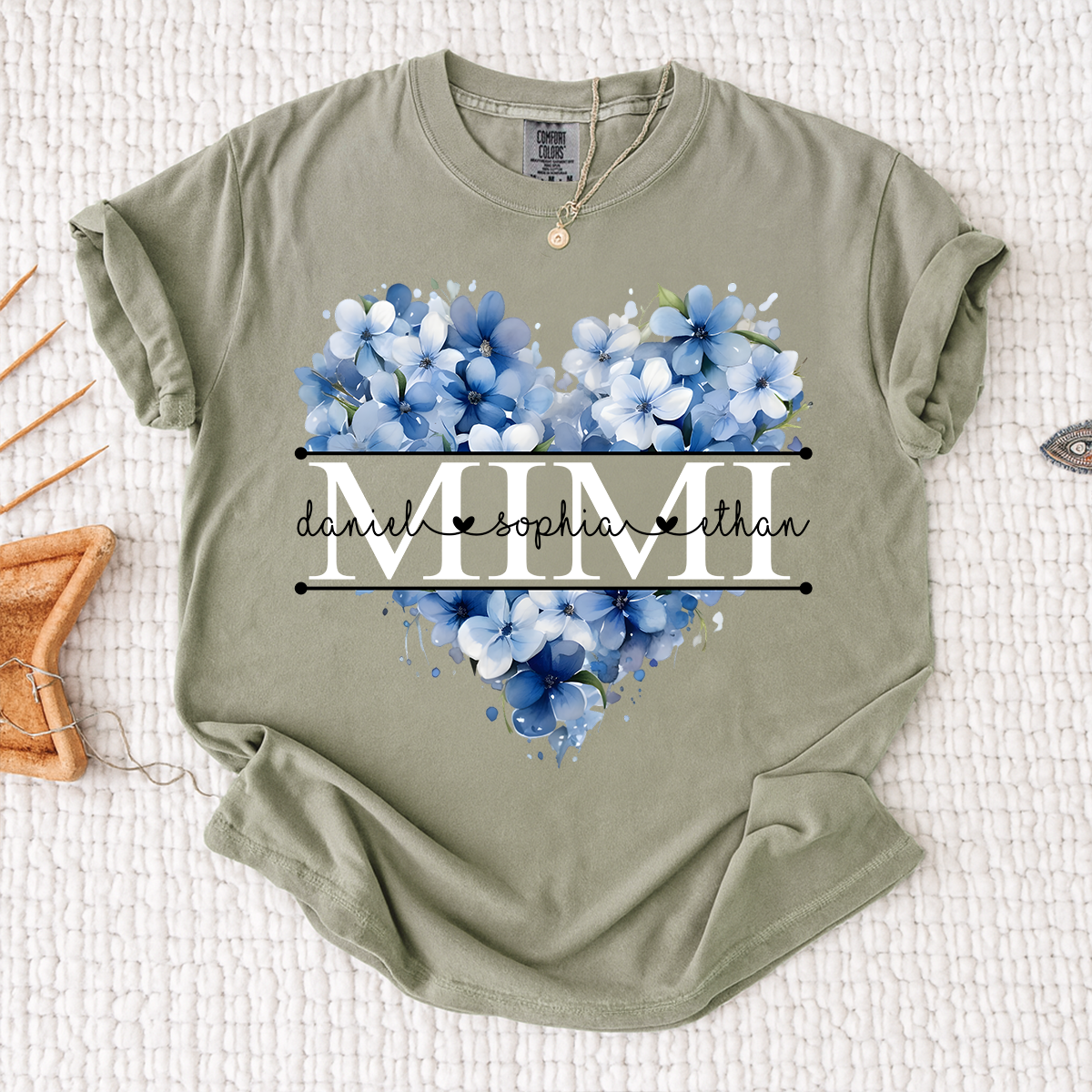 Comfort Colors Personalized Mimi Shirt with Blue Floral Heart Design, Custom Grandma Gift with Grandkids Name