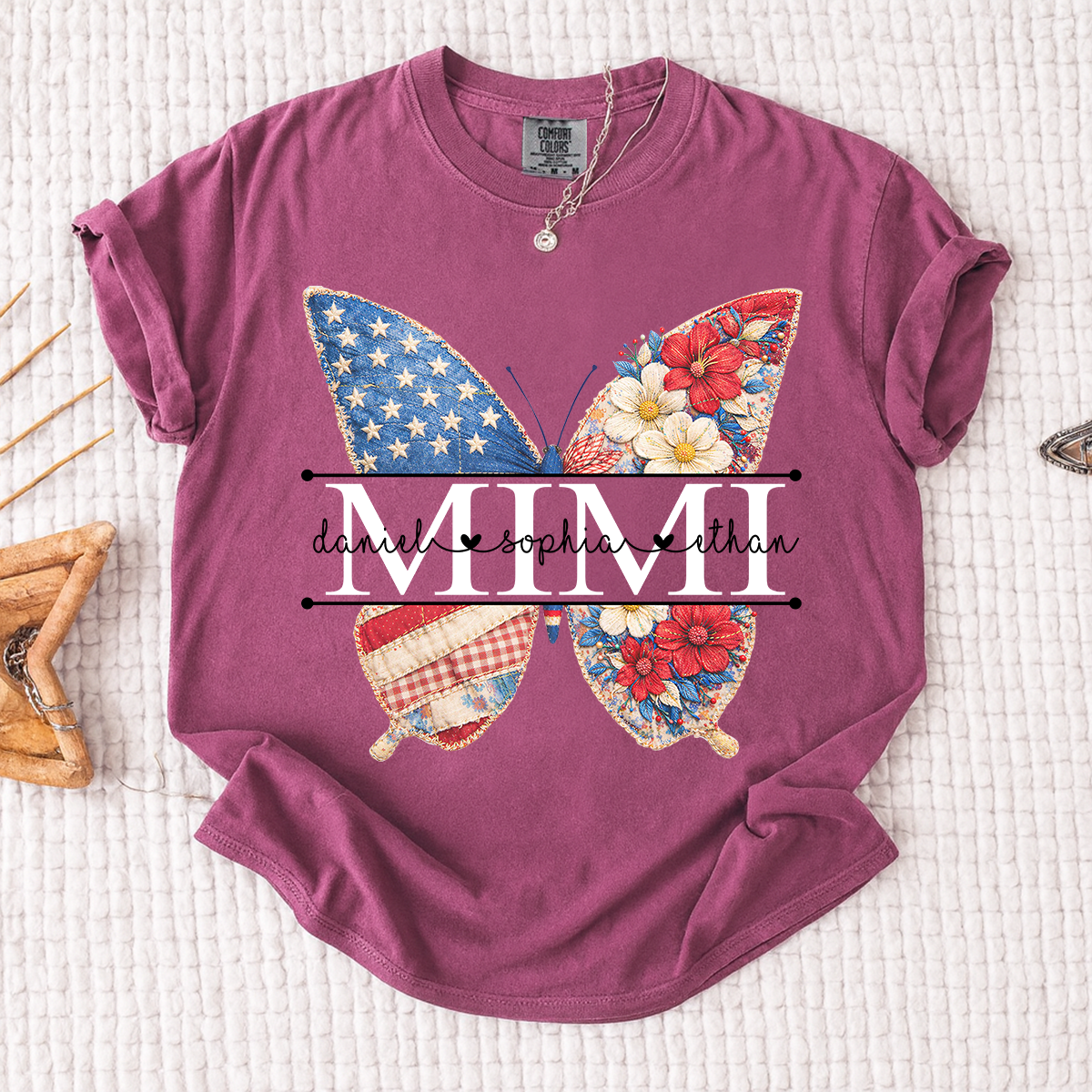 Comfort Personalized Mimi Shirt with Grandkids Names, American Flag and Flower Butterfly Design