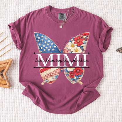 Comfort Personalized Mimi Shirt with Grandkids Names, American Flag and Flower Butterfly Design
