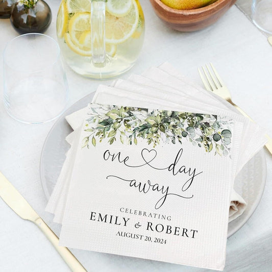 One Day Away Napkins | The Night Before Napkins | Custom Bridal Shower Napkins | Personalized Wedding Napkins | Wedding Cocktail Napkin Pack