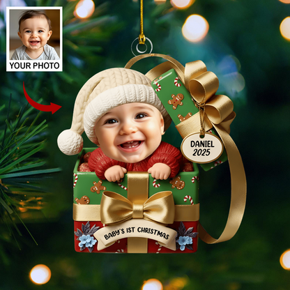 Custom Baby Ornament 2025 – Baby’s 1st Christmas Gift Box Design with Name & Photo, Perfect Holiday Keepsake for New Parents Ornament