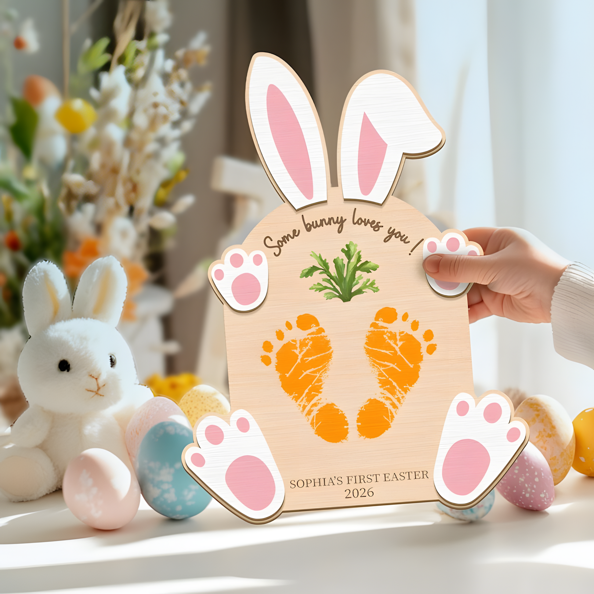 Personalized First Easter Wooden Plaque - "Some Bunny Loves You" with Baby’s Footprints, Custom Name and Date