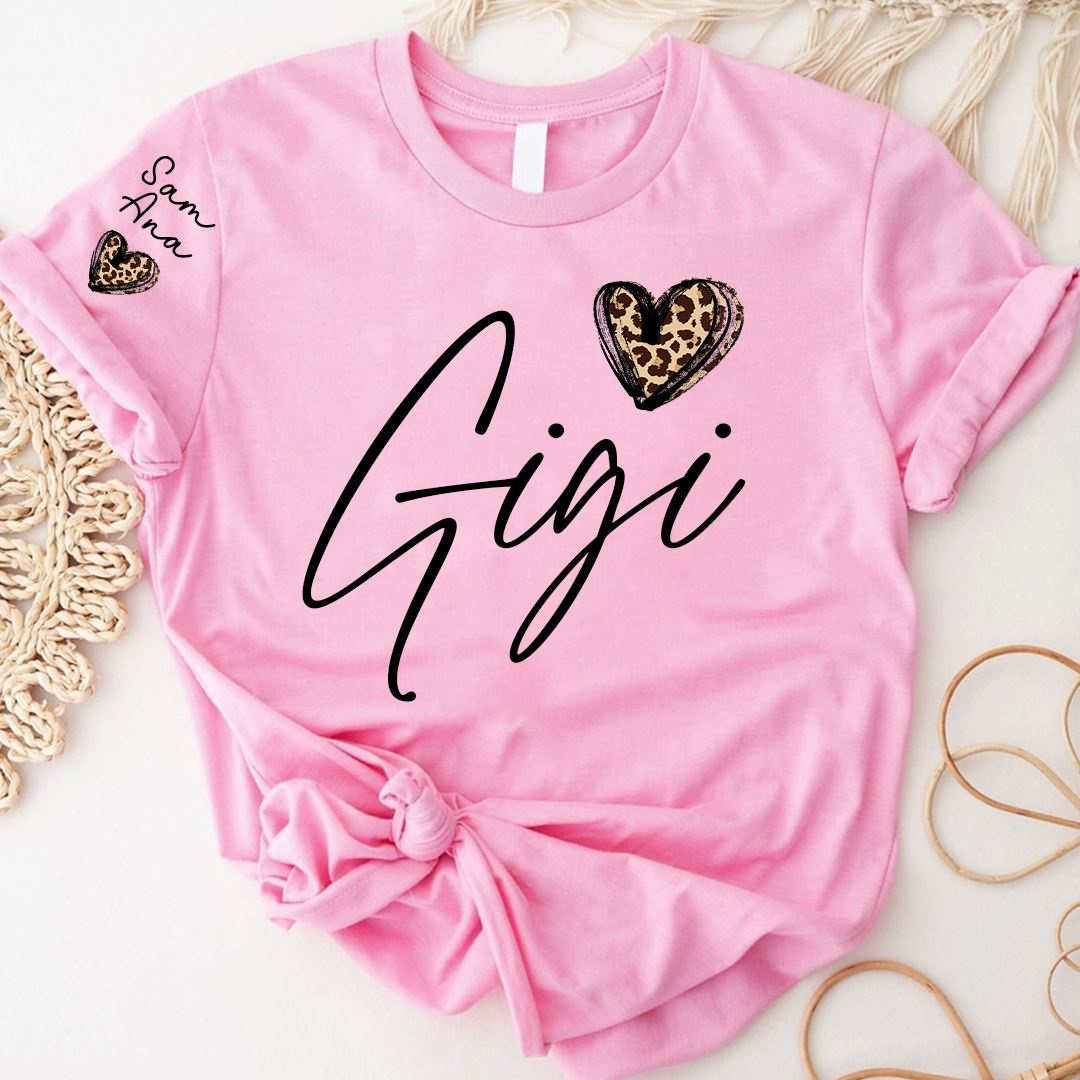 Personalized Gigi Heart Leopard Print T-shirts Custom Family T-Shirt with Heart Shape and Name