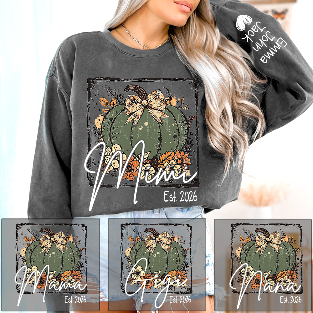 Mimi Pumpkin Shirt for Women, Floral Fall Bow Design Tee, Personalized Grandma T Shirt, Cozy Autumn Gift Idea