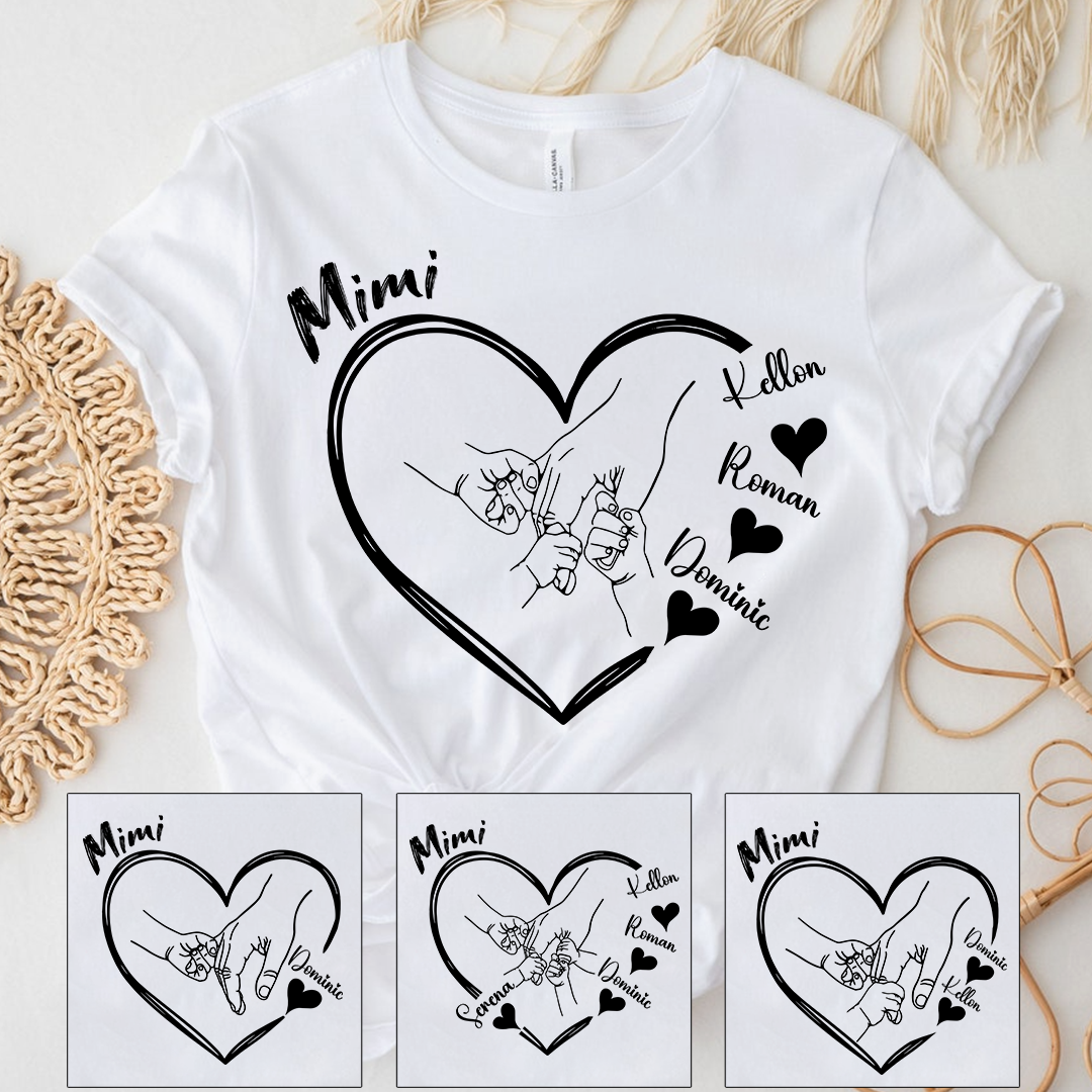 Personalized Mimi Shirt with Grandkids Names, Hands Holding Heart Graphic Family Tee