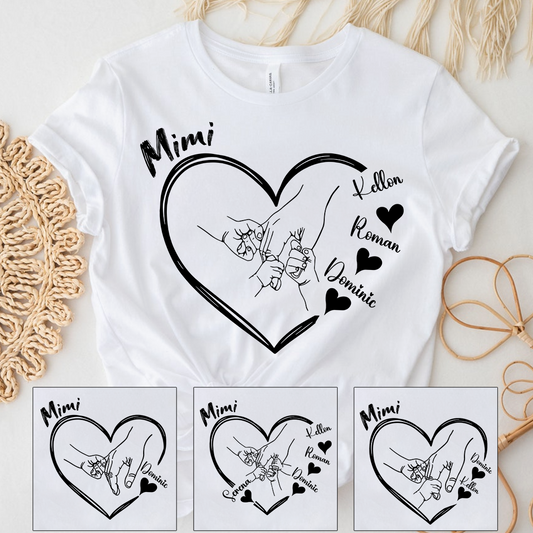 Personalized Mimi Shirt with Grandkids Names, Hands Holding Heart Graphic Family Tee