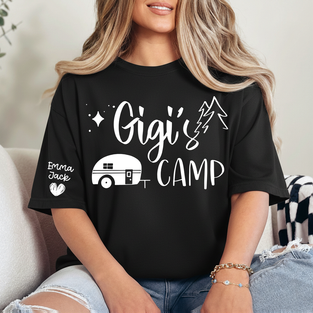 Gigi's Camp Shirt Personalized with Grandkids Names, Funny Camping Grandma Tee, Camper Trailer Graphic T Shirt