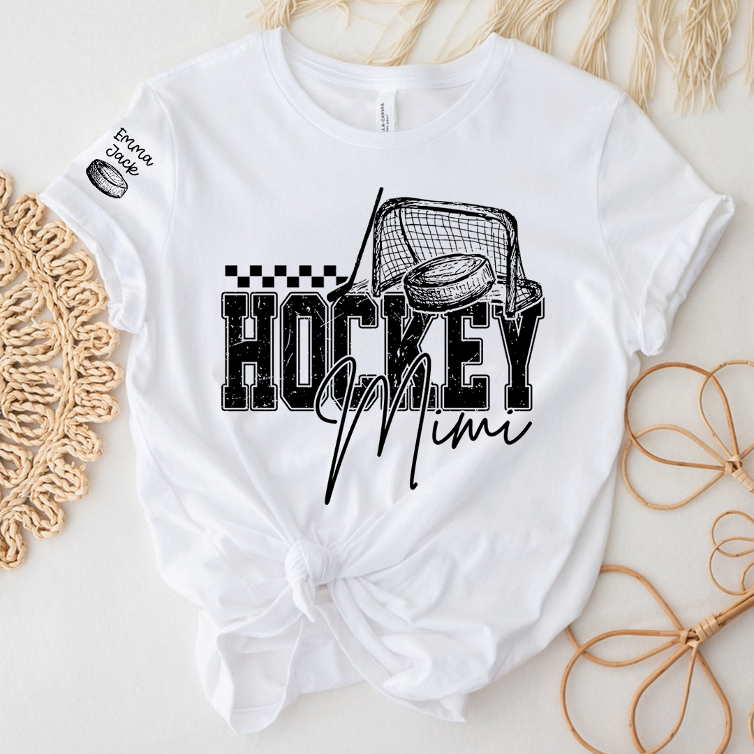 Custom Hockey Mimi T Shirt, Personalized Family Names with Hockey Design
