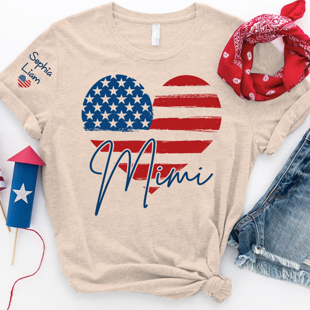 Personalized Mimi Shirt, American Flag Heart Design, Custom Name, Patriotic Fourth of July T Shirt, Independence Day Outfit