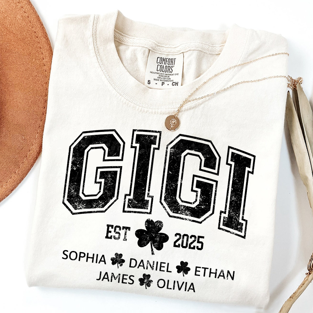 Comfort Colors St Patrick’s Day Gigi Shirt Est 2025, Custom Grandma T Shirt with Kids Names Shamrock Design