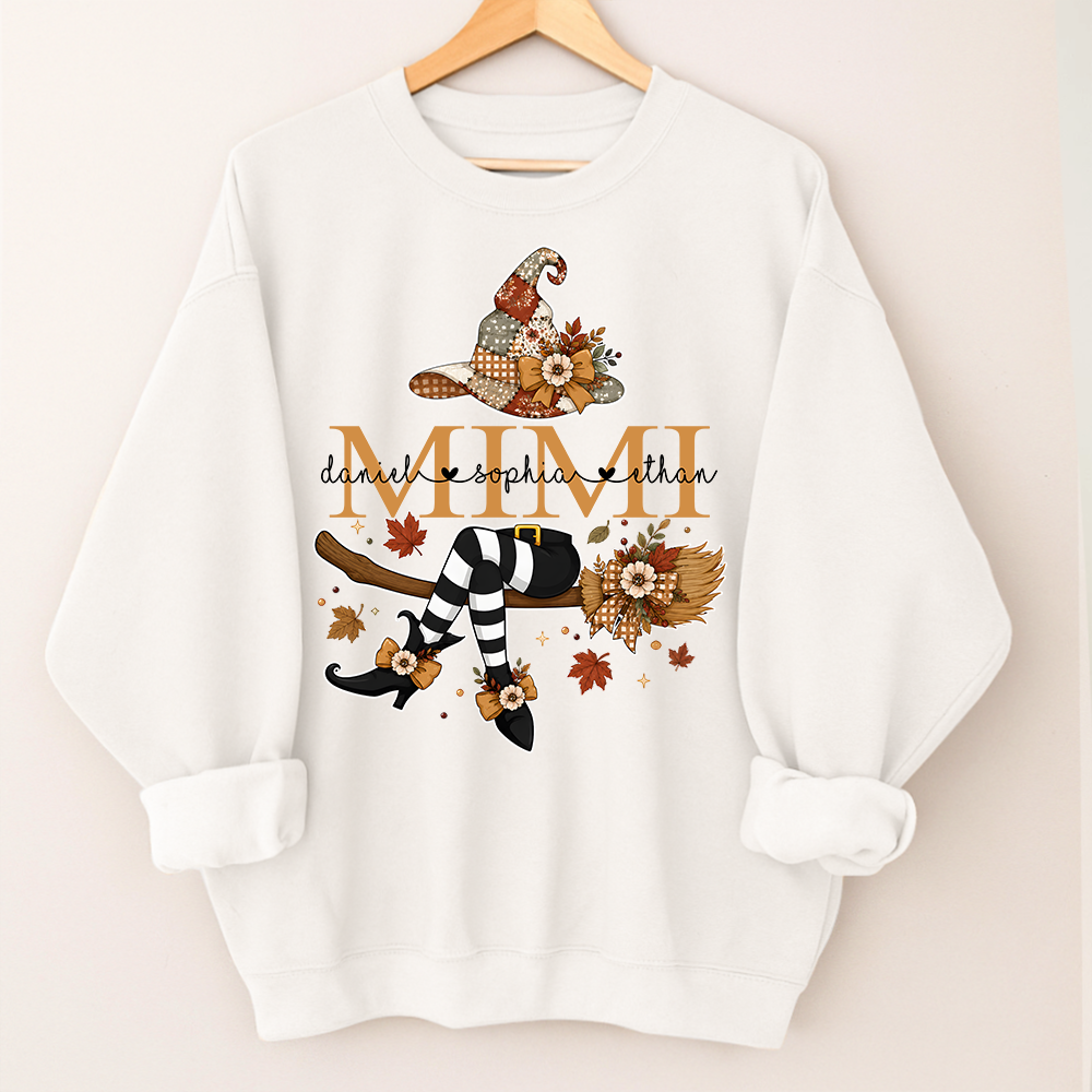 Personalized Halloween Mimi Sweatshirt, Witch Hat Pumpkin Floral Sweatshirt, Custom Kids Names Grandma Fall Outfit