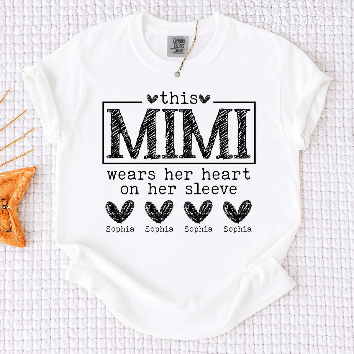 Comfort Colors Custom Mimi Shirt, This Mimi Wears Her Heart on Her Sleeve  with Grandkids Names, Idea Gift for Mother's Day, Birthday