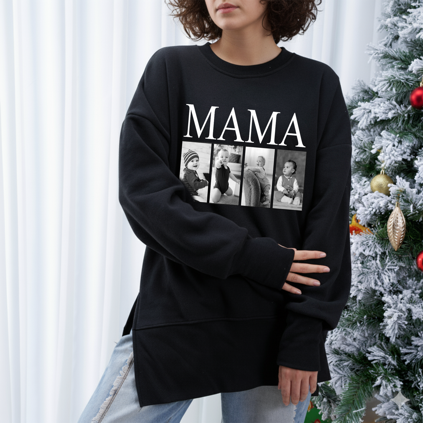 Custom MAMA Photo Sweatshirt – Personalized Oversized Pullover with Kids Pictures, Cozy Thumbhole Long Sleeve for Women