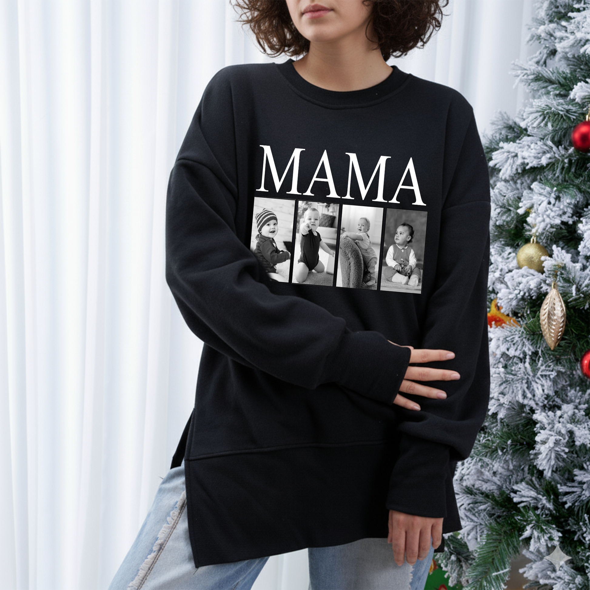 Custom MAMA Photo Sweatshirt – Personalized Oversized Pullover with Kids Pictures, Cozy Thumbhole Long Sleeve for Women
