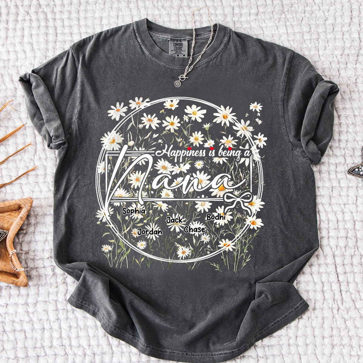Comfort Colors® Personalized Nana Shirt with Kids' Names, Custom Floral Design, Happiness is Being a Nana