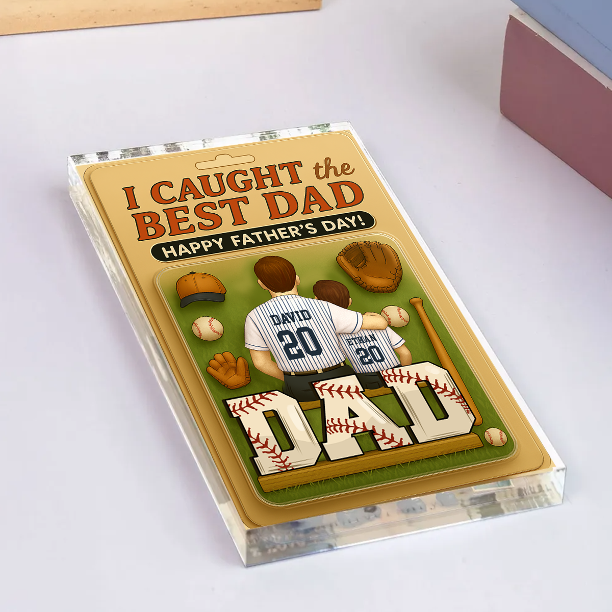 I Caught the Best Dad Baseball Custom Figure Personalized Acrylic Block Plaque, Father's Day Gift For Dad And Kids Acrylic Block Plaque FUll Size