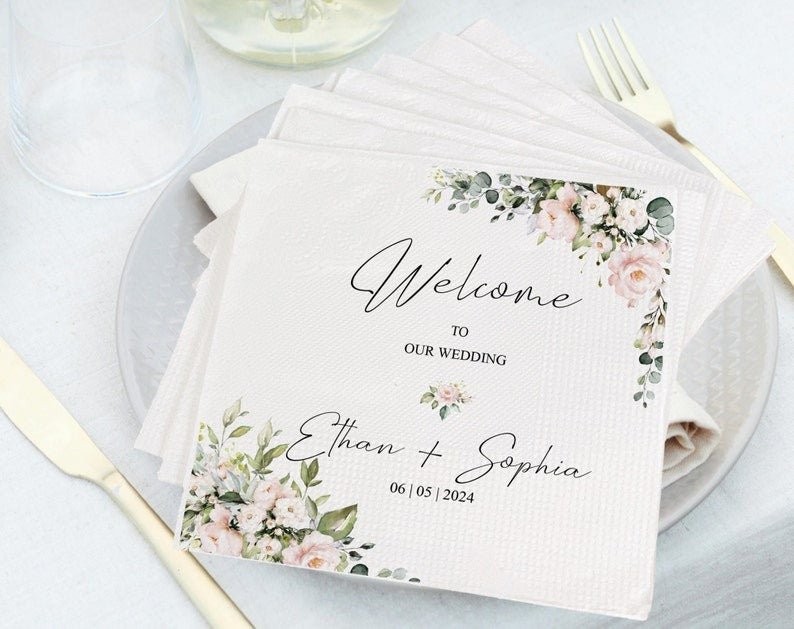 Personalized Floral Wedding Napkins , Custom Wedding Napkins , Cocktail Napkins , Save The Date , Dinner Bridal Shower Engagement Party