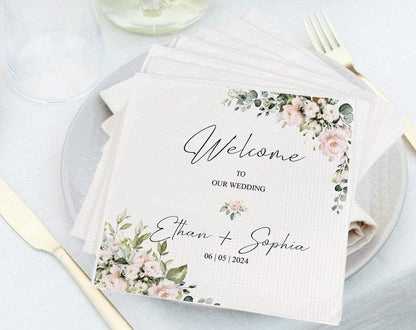 Personalized Floral Wedding Napkins , Custom Wedding Napkins , Cocktail Napkins , Save The Date , Dinner Bridal Shower Engagement Party