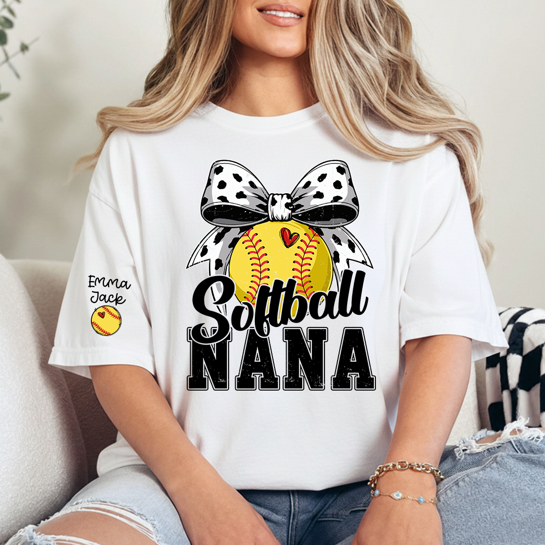 Proud Softball Nana T Shirt, Personalized Kids Names Sports Shirt with Bow Graphic