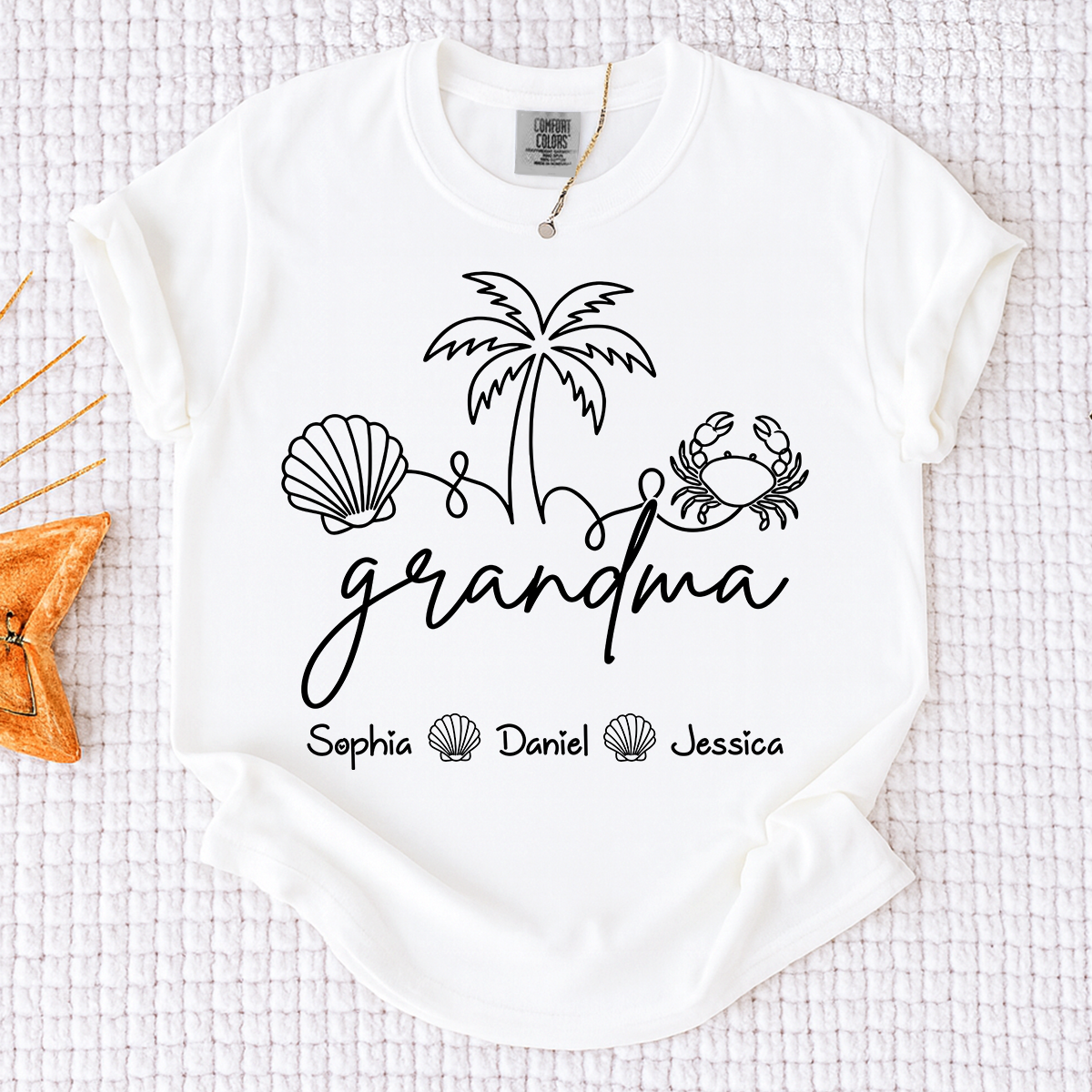 Comfort Colors Personalized Grandma Shirt with Grandkids Names, Custom Beach Line Art Tee, Palm Tree Shell Crab Family T-Shirt