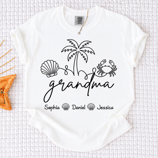 Comfort Colors Personalized Grandma Shirt with Grandkids Names, Custom Beach Line Art Tee, Palm Tree Shell Crab Family T-Shirt