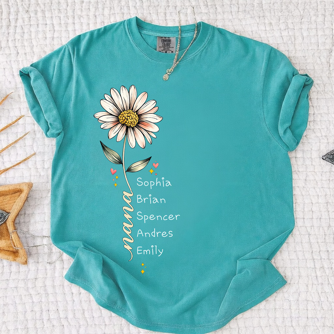 Comfort Colors Personalized Grandma Shirt Daisy Flower Design Custom Nana Mimi Gigi Name Tee with Grandkids Names Vertical Style Family Outfit for Women