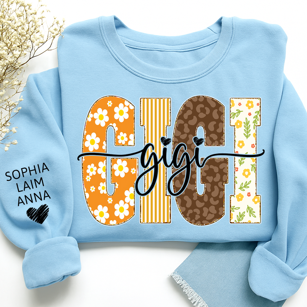 Gigi Fall Grandma Sweatshirt – Custom Name Sleeve and Retro Plaid Floral Letter Design