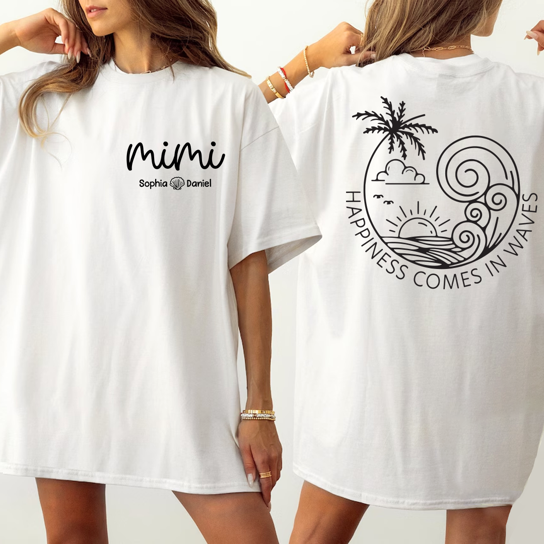 Custom Mimi Shirt with Kids Names, Happiness Comes in Waves Beach Tee, Personalized Grandma Summer Vacation Apparel