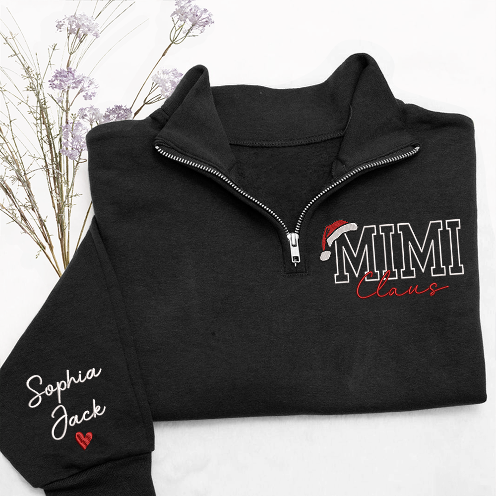 Personalized Christmas Mimi Claus Zip Sweatshirt – Custom Grandma Embroidered Gift With Kids Names On Sleeve