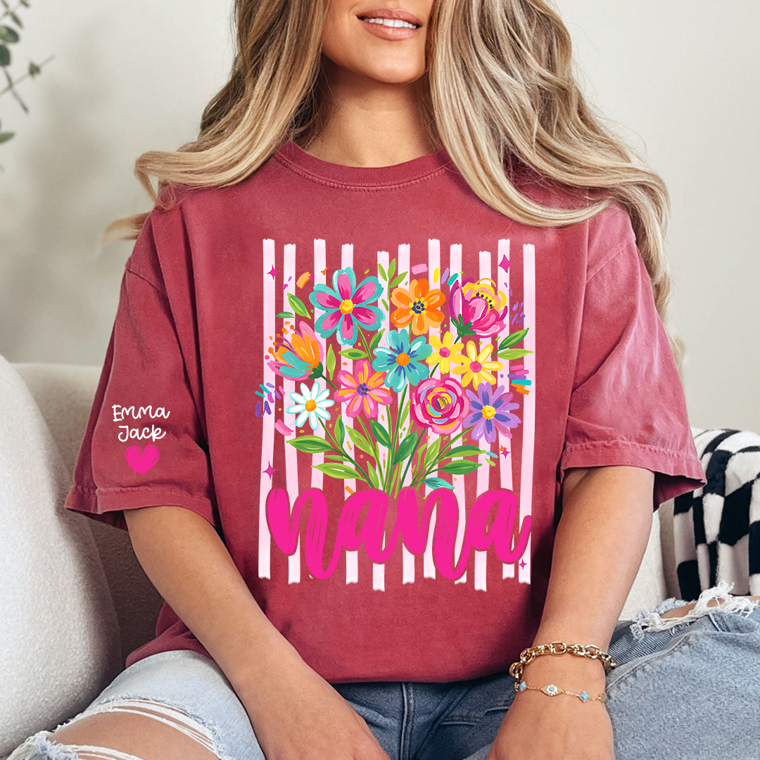 Custom Striped Wildflowers Nana T-Shirt, Trendy Ditsy Floral Gift for Grandma And Kids