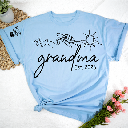 Personalized Grandma Nature Shirt, Sea Turtle Botanical Graphic Tee, Custom Sleeve Names T Shirt, Ocean Lover Gift for Grandma
