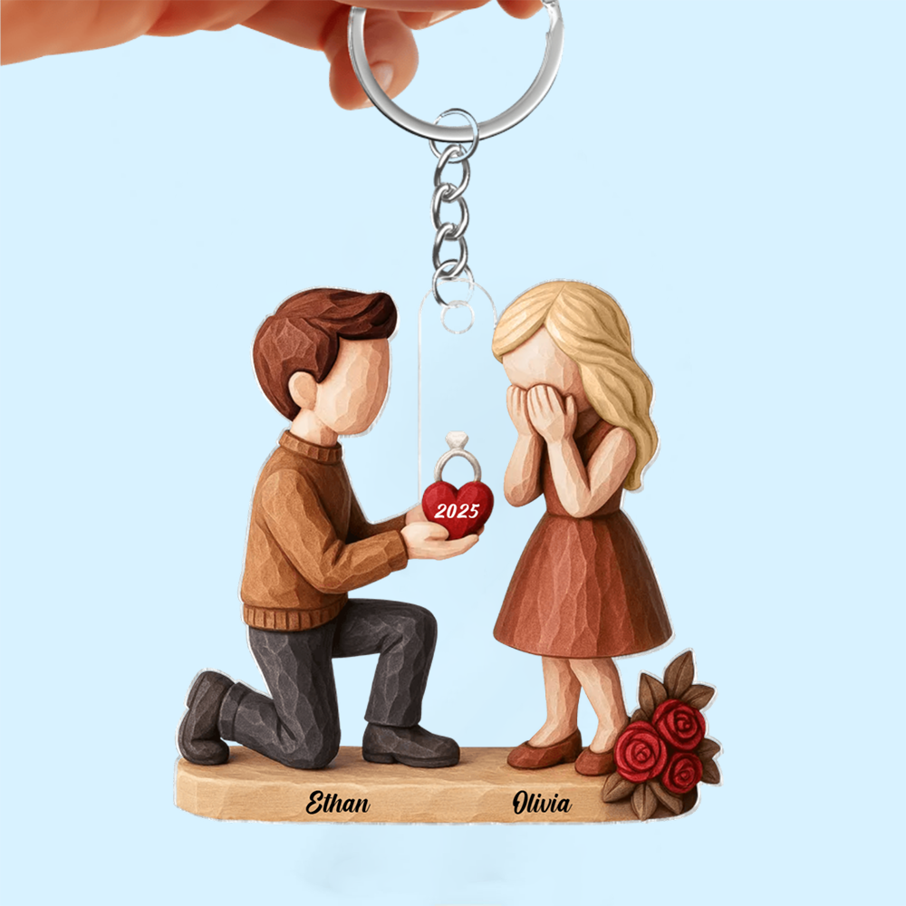 Personalized Couple Engagement Keychain With Names And Date, Romantic Proposal Gift Ornament