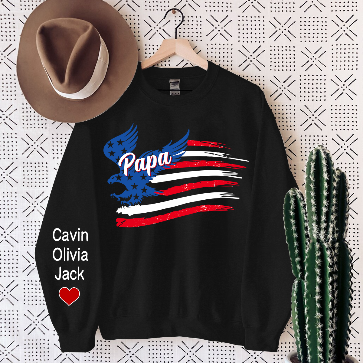 Personalized Papa American Flag, Custom Papa And Kids Sweatshirt