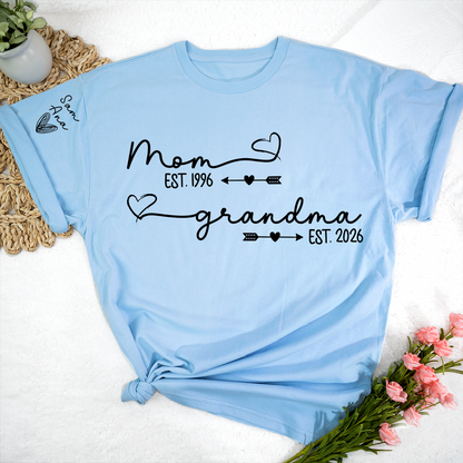 Personalized Mom and Grandma Shirt, Custom EST Year T-Shirt with Heart and Arrow Design for Mom and Grandma