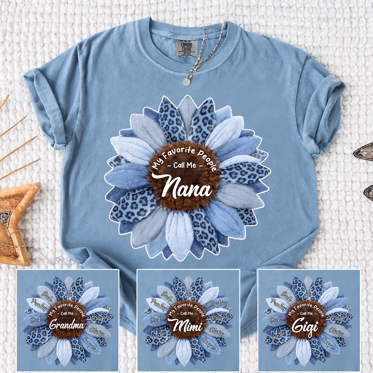 Custom Grandma Shirt, Personalized Sunflower Leopard Print Tee with Kids' Numbers, Gift for Grandma