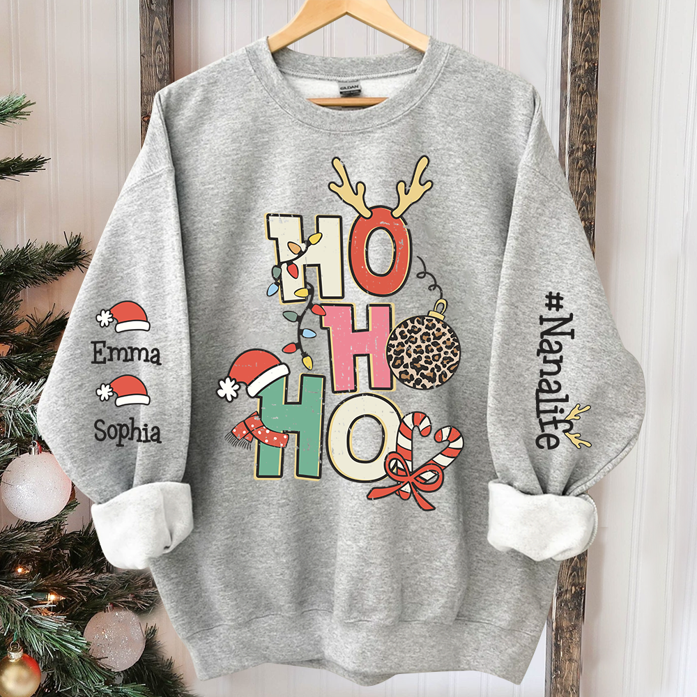 Retro Ho Ho Ho Christmas Sweatshirt, Custom Nana And Kids, Grandma Gift TH Sweatshirt
