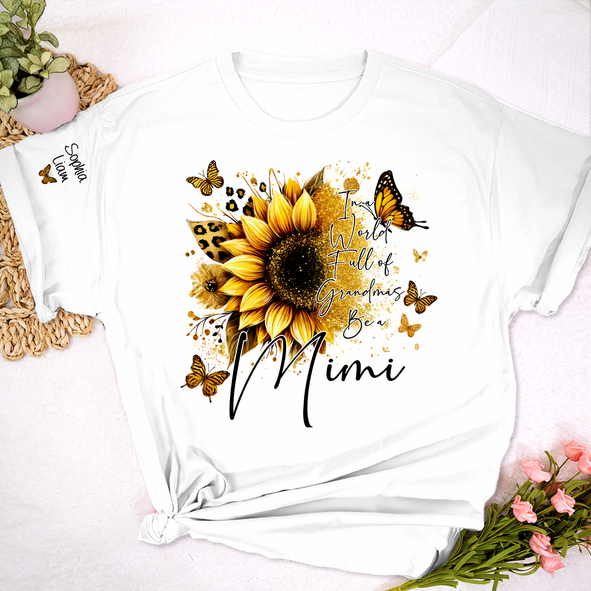 In a World Full of Grandmas Be a MIMI T Shirt, Personalized with Family Names, Sunflower and Butterfly Design, Ideal Gift for Mimi