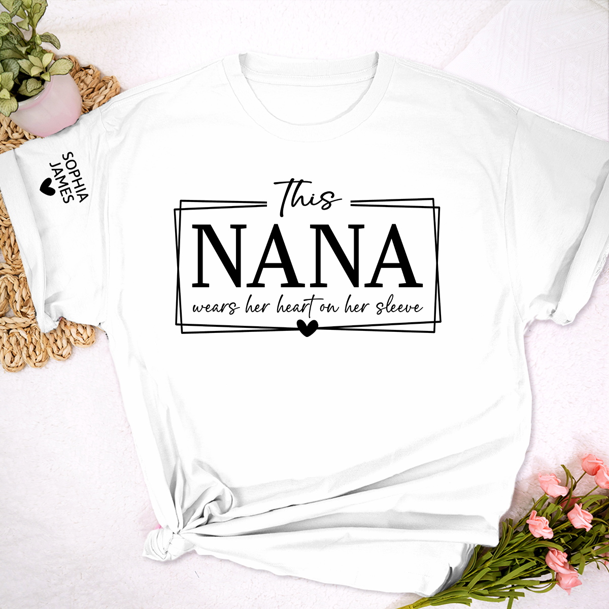 This Nana Wears Her Heart on Her Sleeve Shirt, Personalized Grandma TShirt, Cute Family Apparel for Women, Meaningful Nana Clothing