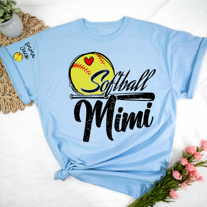Personalized Mimi Softball Shirt, Heart and Bat Design with Custom Grandkids Names