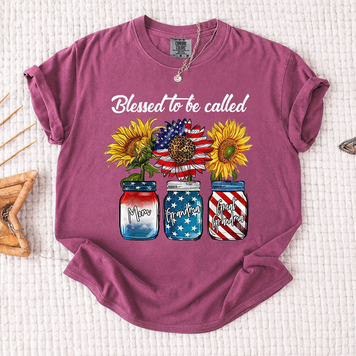 Comfort Colors Personalized Blessed to be Called Shirt, Custom Names with Sunflower and Patriotic Jar Design