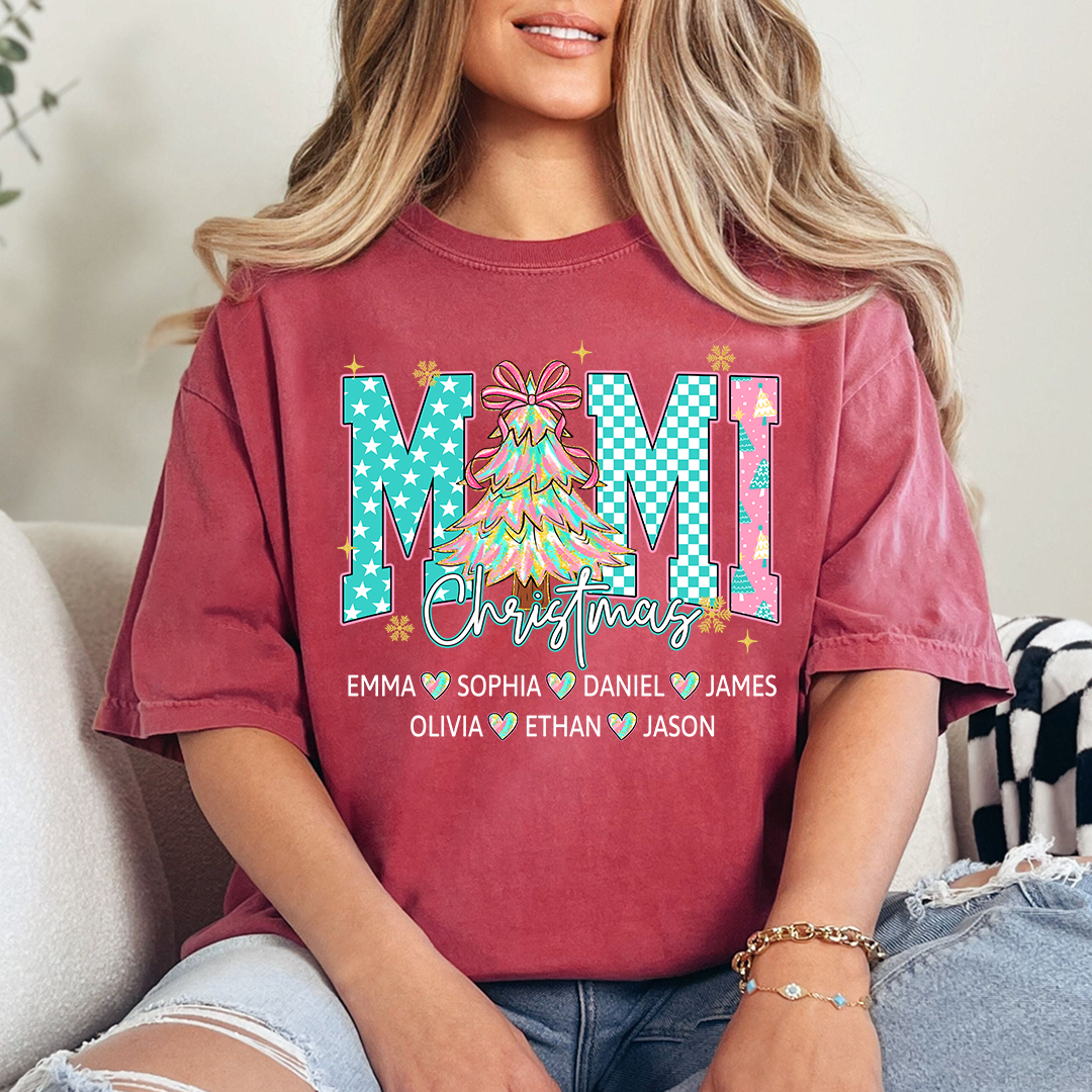 Christmas Tree Mimi T-Shirt, Custom Family Name for Grandma And Kids
