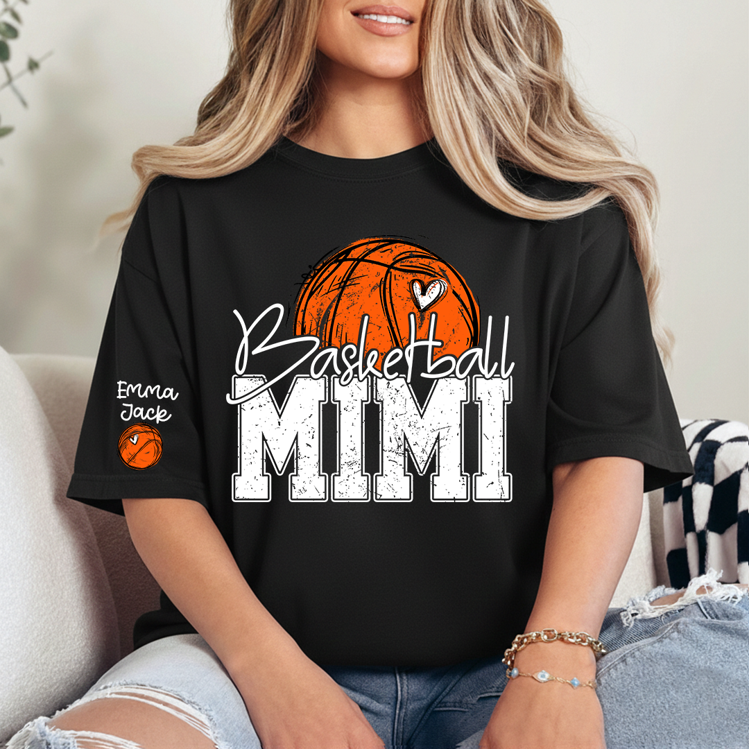 Custom Basketball Mimi Shirt with Heart and Ball Graphic, Personalized Family Names