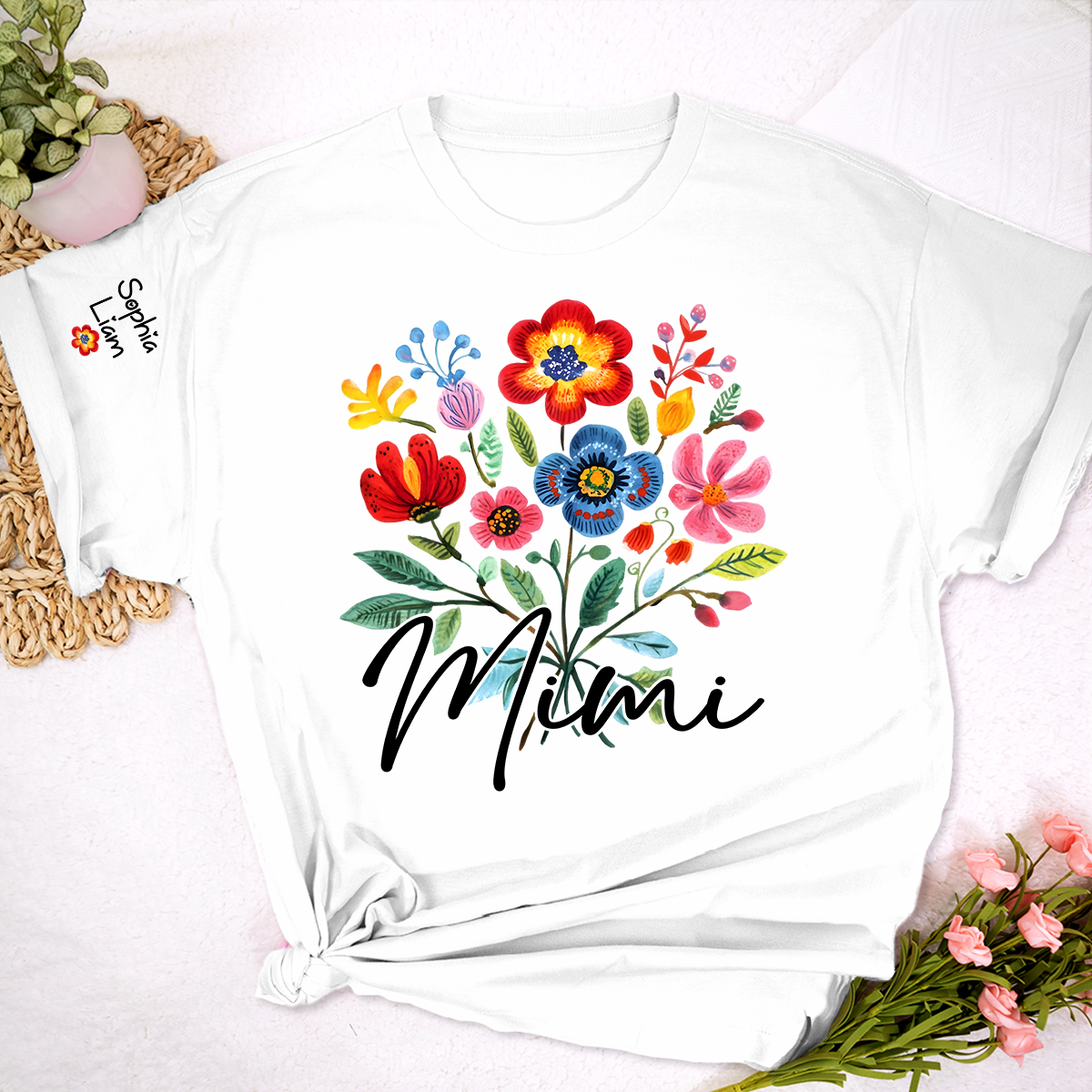 Personalized MimiI Floral T Shirt, Custom Family Names with Vibrant Flower Design, Perfect Gift for Mimi Cinco de mayo