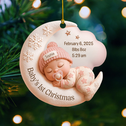 Personalized Baby’s First Christmas Ornament 2025 – Custom Name & Birth Stats Moon Design Keepsake Ornament