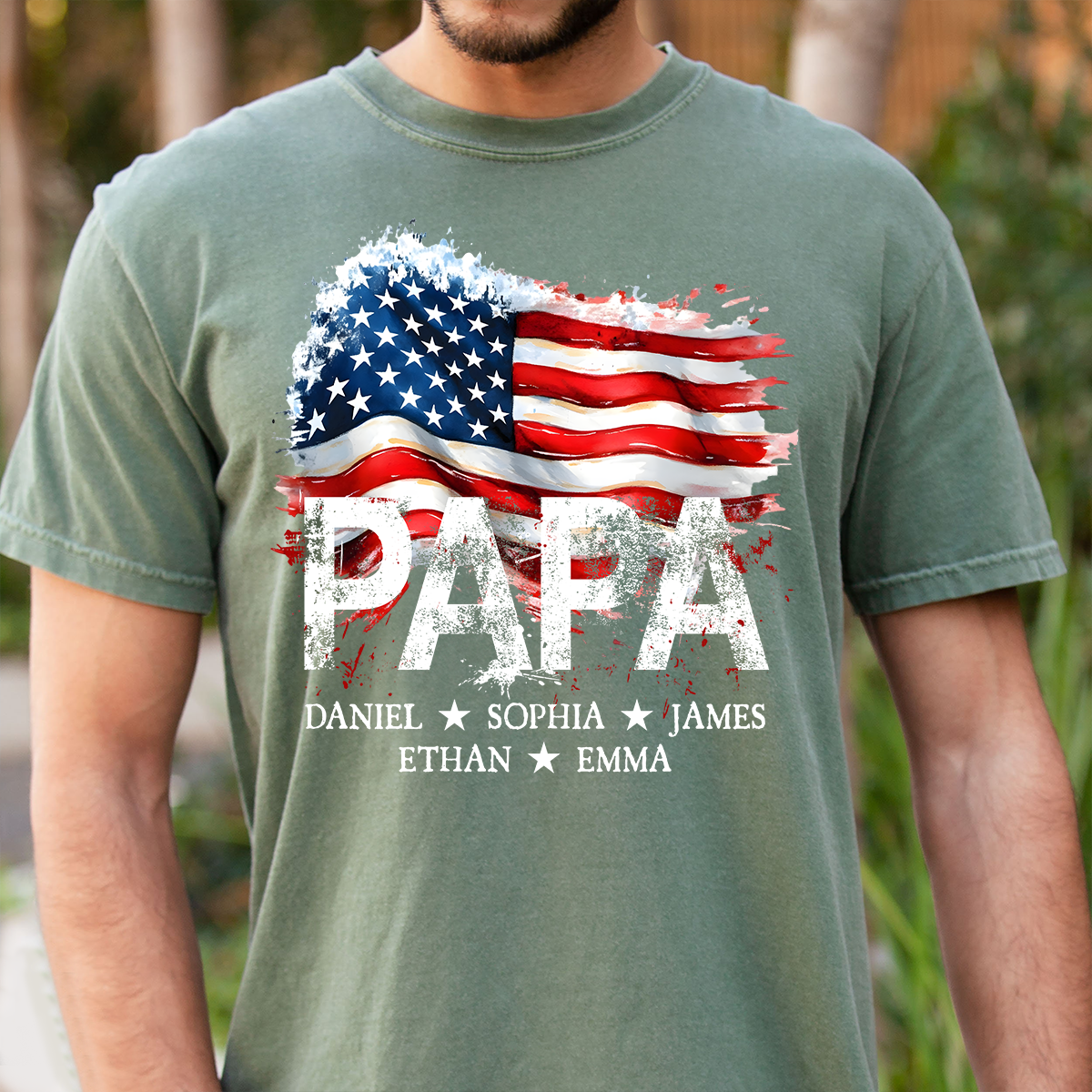 Papa American Flag Shirt, Personalized Papa Tee with Kids Names, Patriotic Grandpa Gift, Custom Family Shirt for Dad