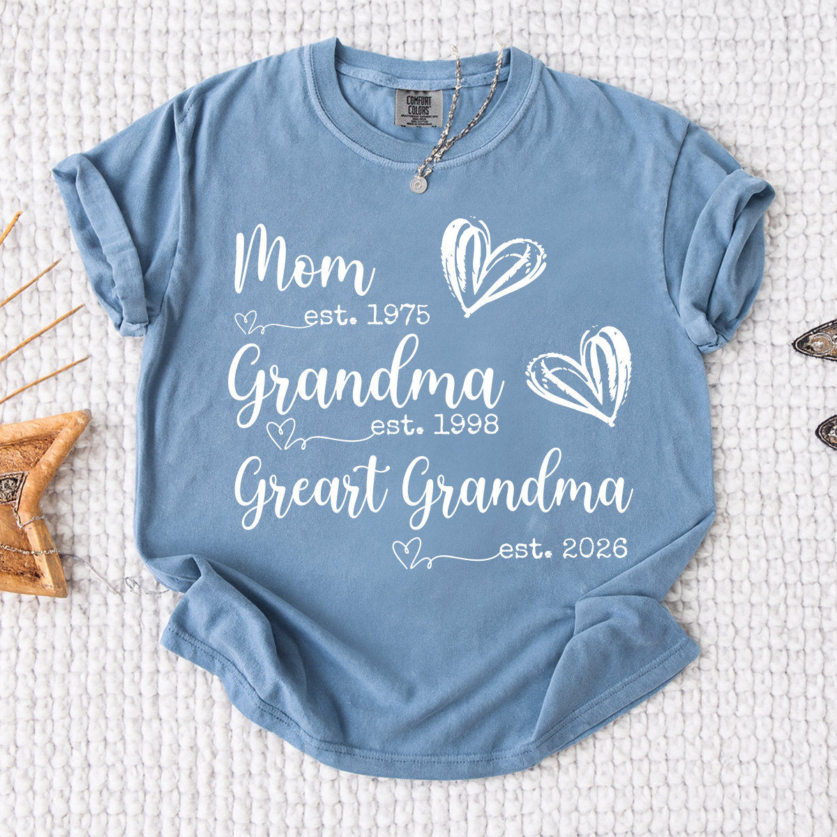 Comfort Colors® Custom T-Shirt for Mom, Grandma, and Great Grandma with EST Dates, Personalized Family Gift