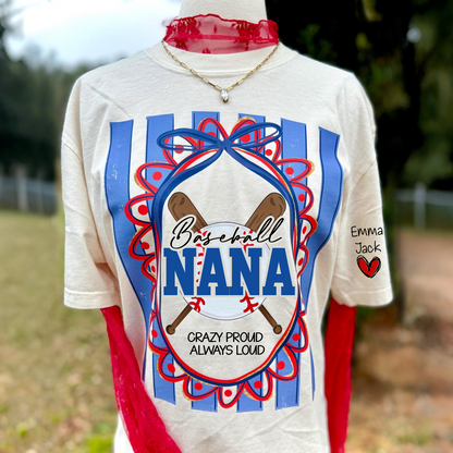 Custom Baseball Coquette Nana Shirt for Game Day, Personalized Kids Names Sports Grandma Tee
